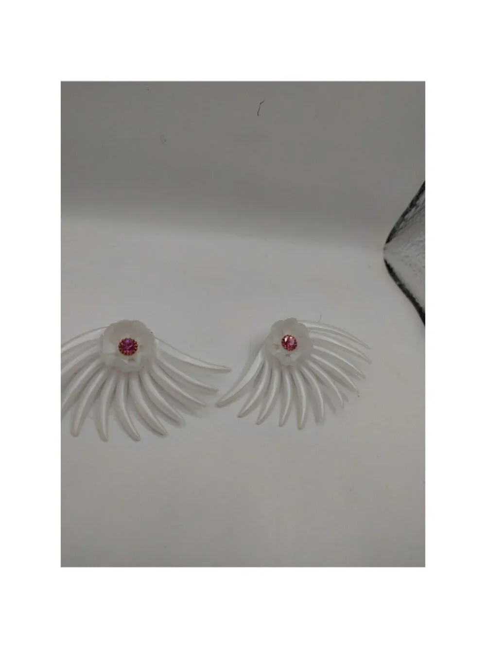Vintage clip On Earrings White Plastic Pink Rhinestone Center  # 1